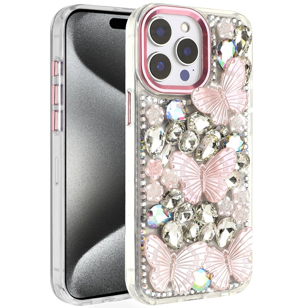 for ip15 pro max lavished floral butterfly bling stones hybrid case pink