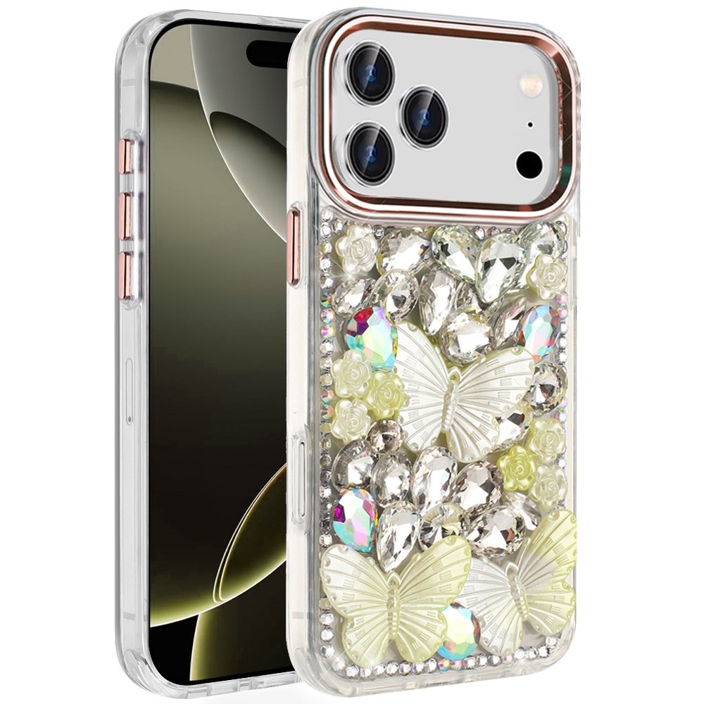 for iphone 17 pro lavished floral butterfly bling stones hybrid case rose gold