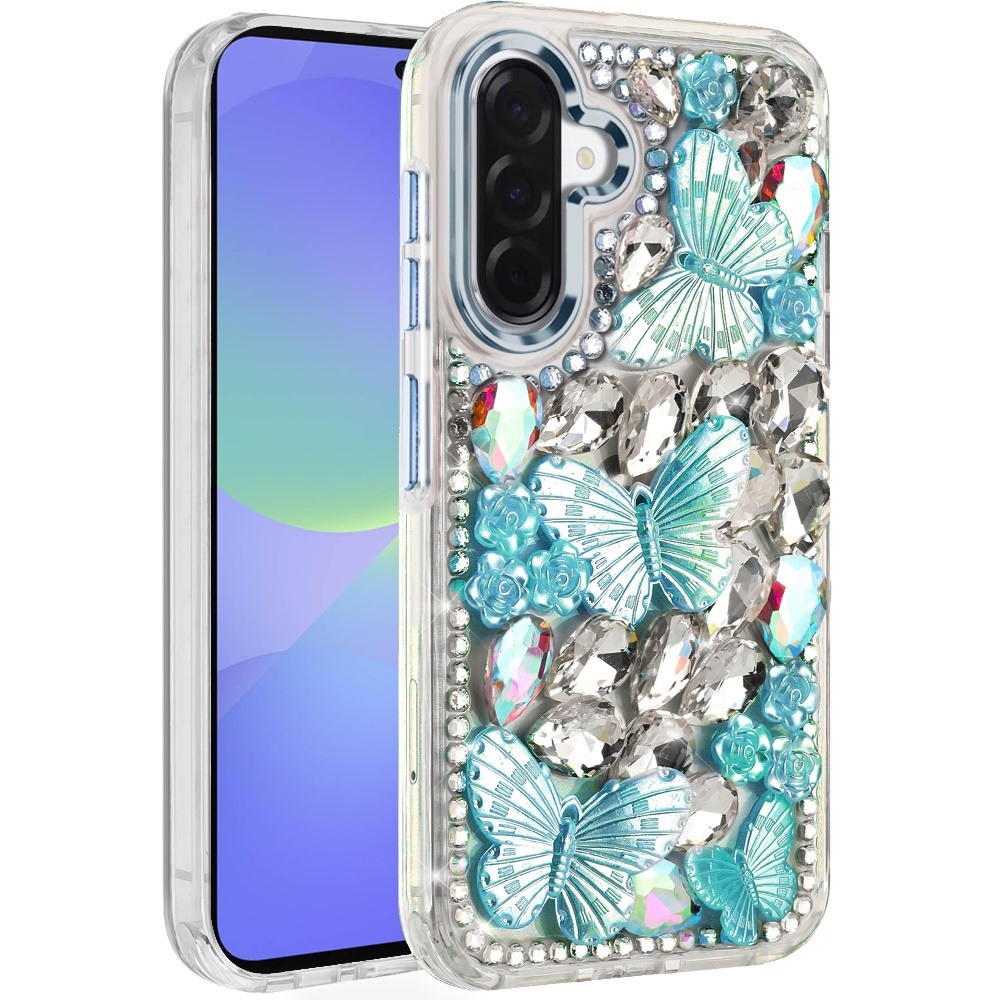 for samsung galaxy a37 lavished floral butterfly bling stones hybrid case blue