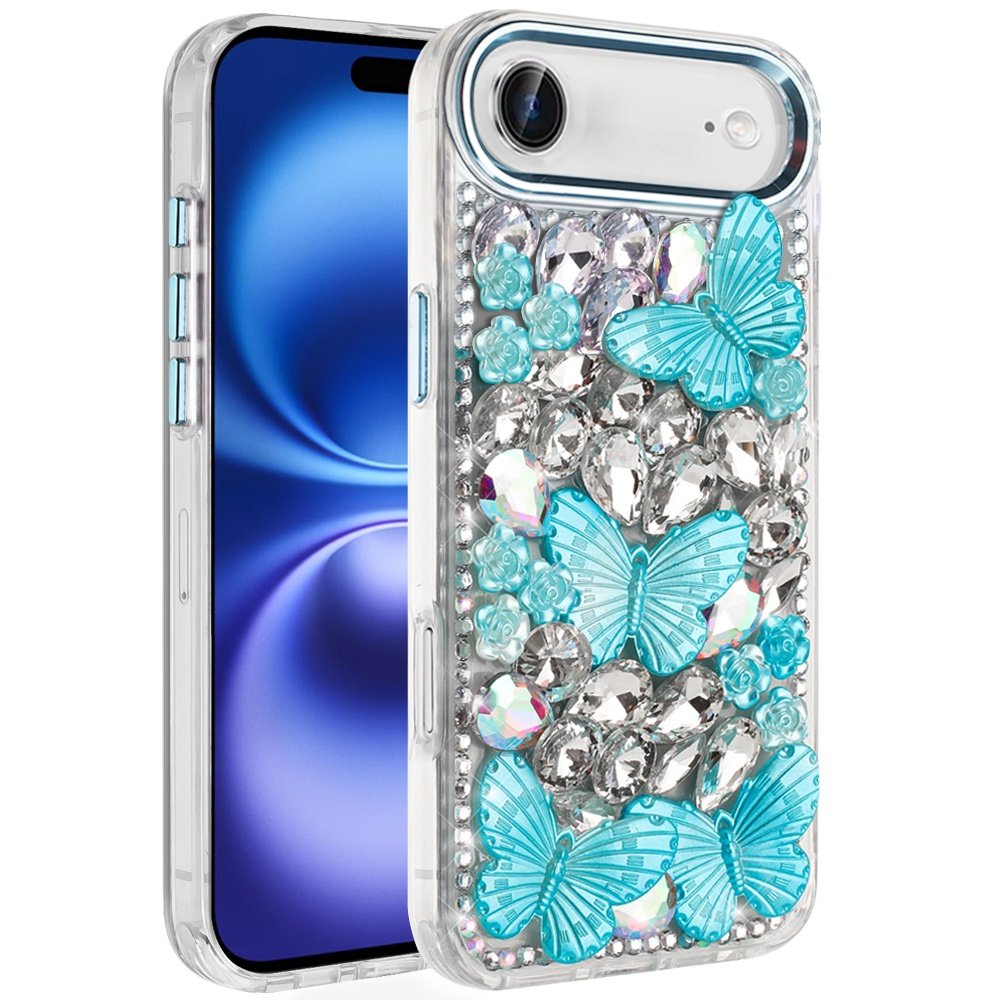 for iphone 17 air lavished floral butterfly bling stones hybrid case blue