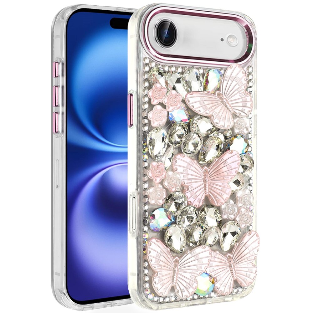 for iphone 17 air lavished floral butterfly bling stones hybrid case pink