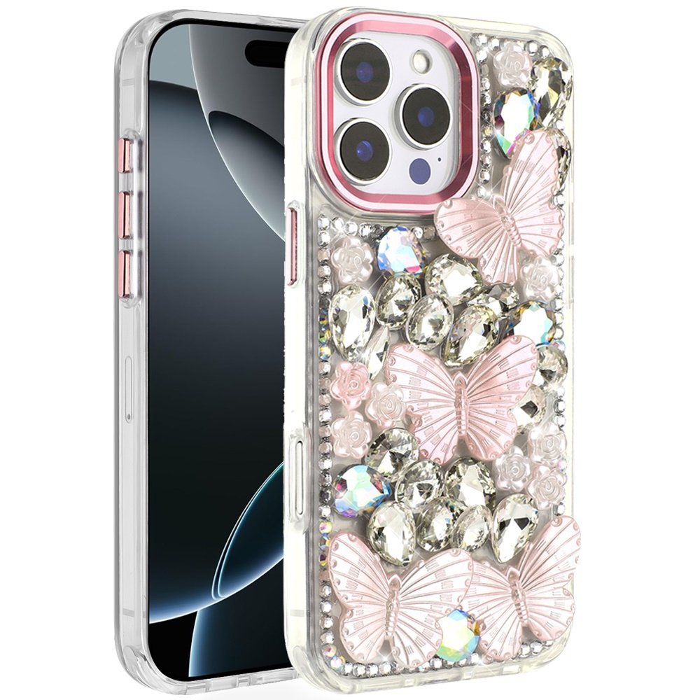 for iphone 16 pro max 6.9 lavished floral butterfly bling stones hybrid case pink
