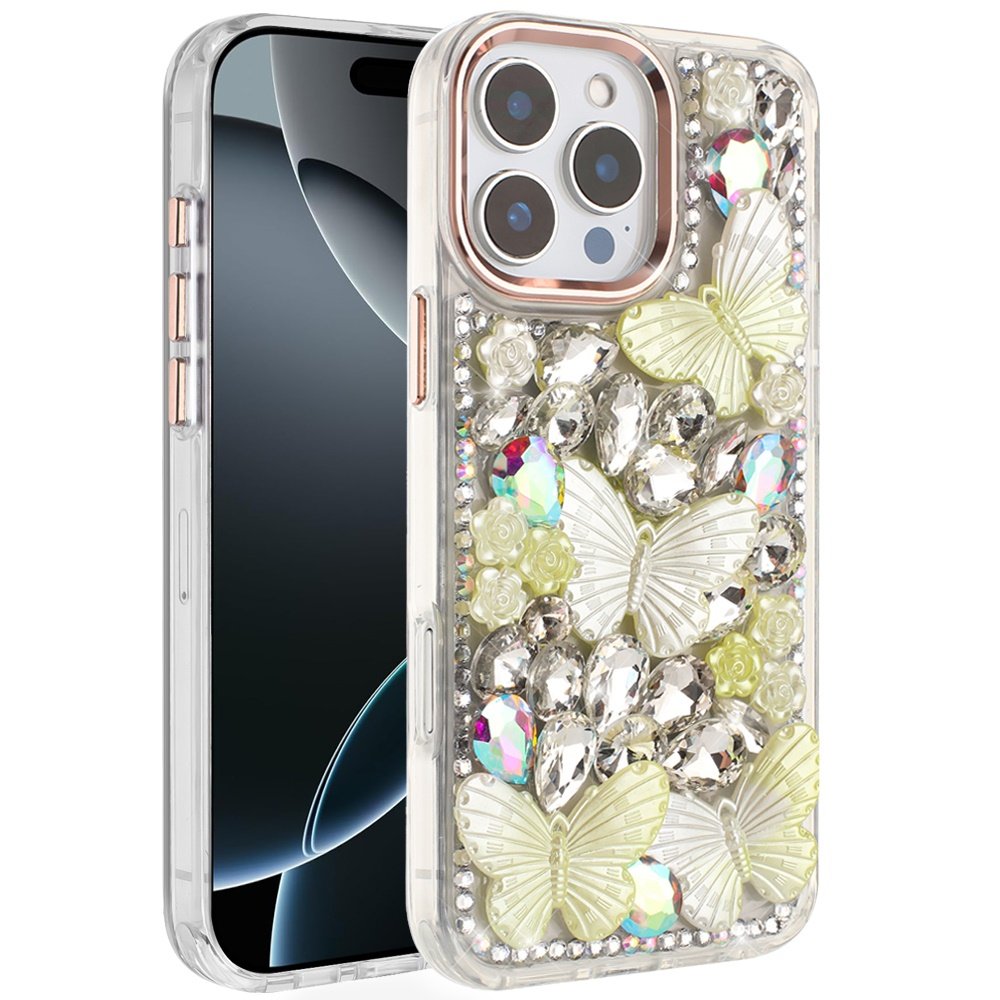 for iphone 16 pro max 6.9 lavished floral butterfly bling stones hybrid case rose gold