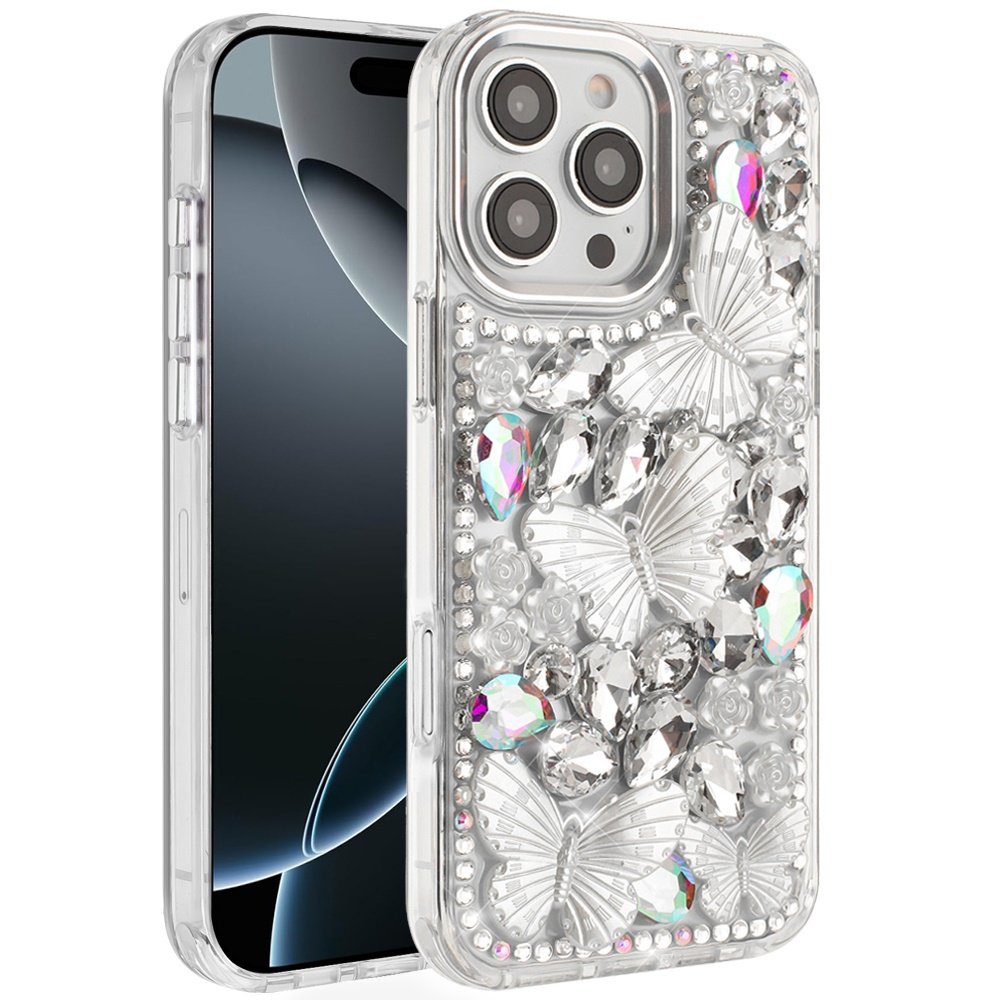 for iphone 16 pro max 6.9 lavished floral butterfly bling stones hybrid case silver
