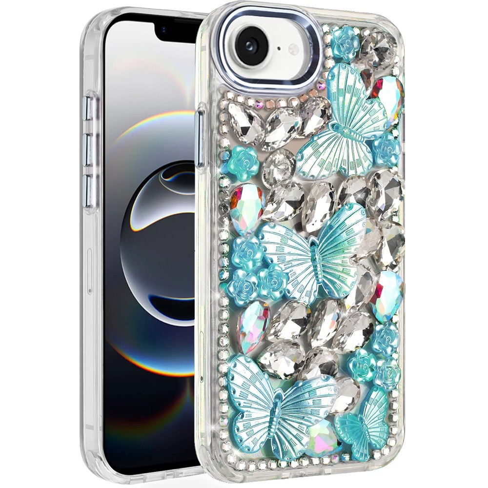 for iphone 17e / 16e / se4 lavished floral butterfly bling stones hybrid case blue