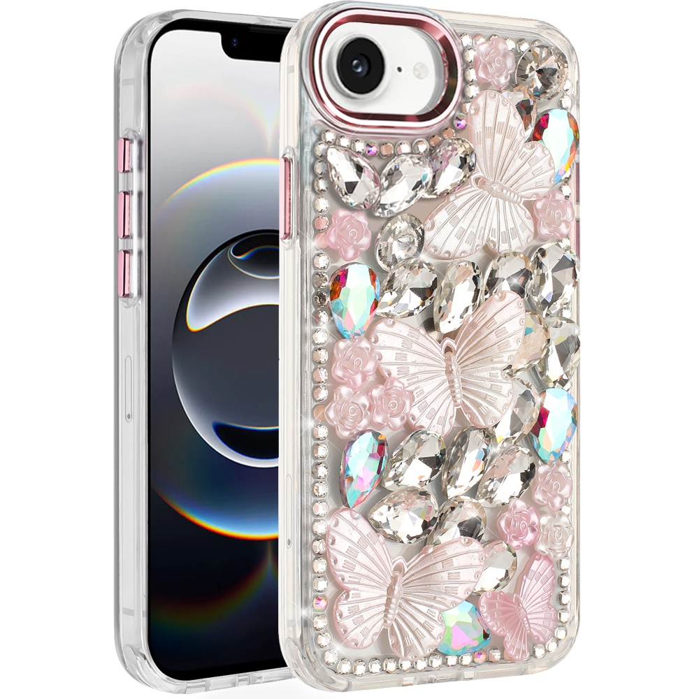 for iphone 17e / 16e / se4 lavished floral butterfly bling stones hybrid case pink
