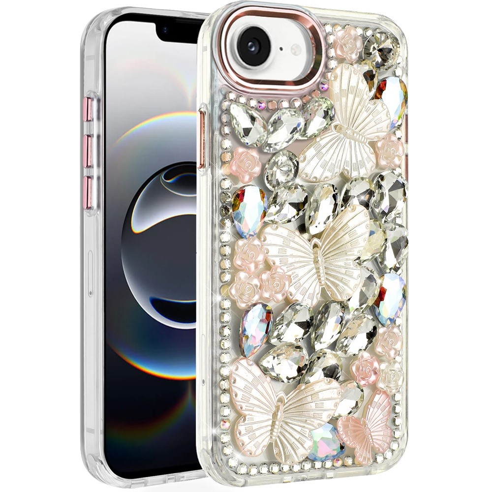 for iphone 17e / 16e / se4 lavished floral butterfly bling stones hybrid case rose gold