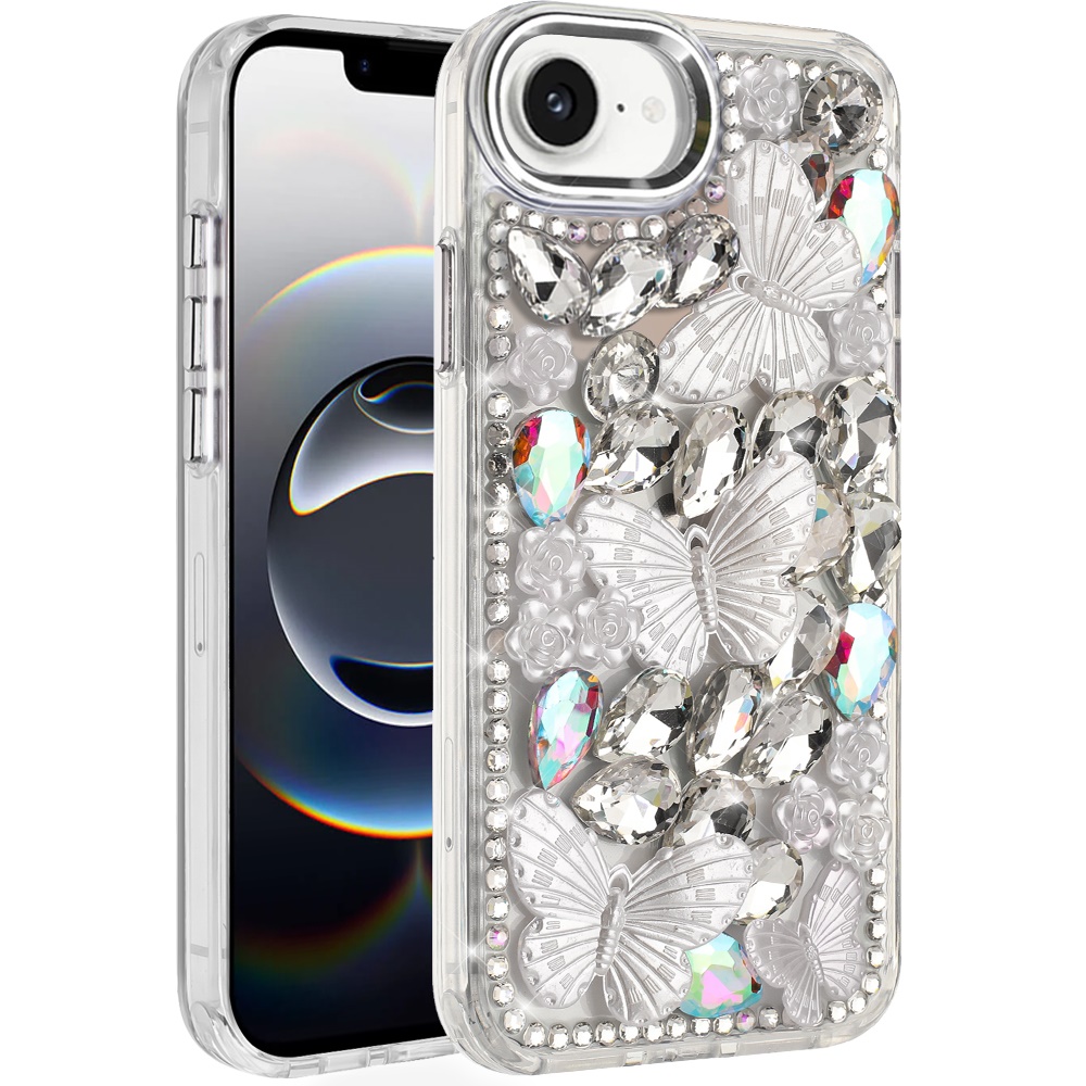 for iphone 17e / 16e / se4 lavished floral butterfly bling stones hybrid case silver