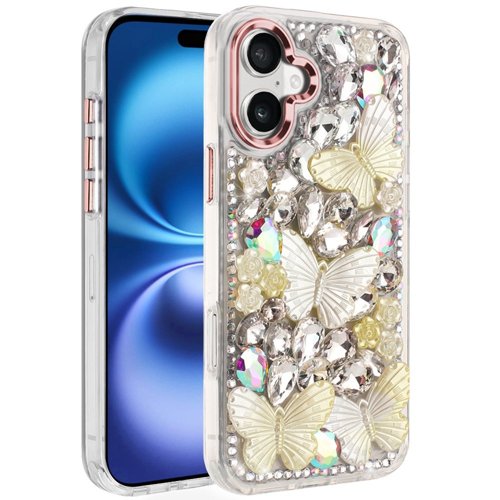 for iphone 17 lavished floral butterfly bling stones hybrid case rose gold