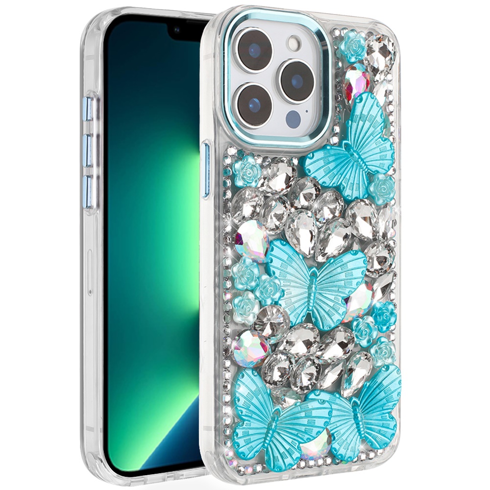 for iphone 13 pro max lavished floral butterfly bling stones hybrid case blue