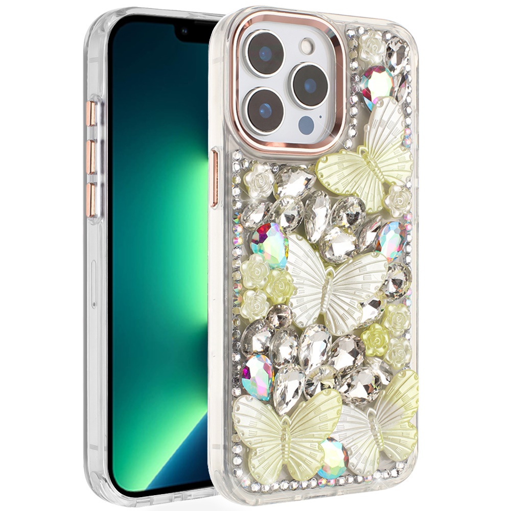 for iphone 13 pro max lavished floral butterfly bling stones hybrid case rose gold