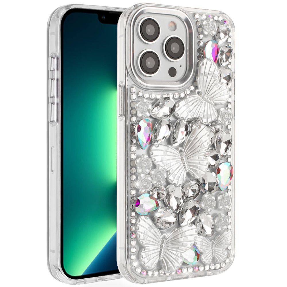 for iphone 13 pro max lavished floral butterfly bling stones hybrid case silver
