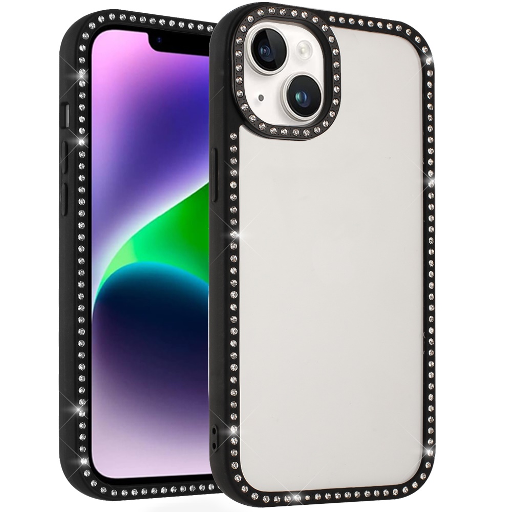 for iphone 13/14 novelty full diamond all around transparent hybrid case black