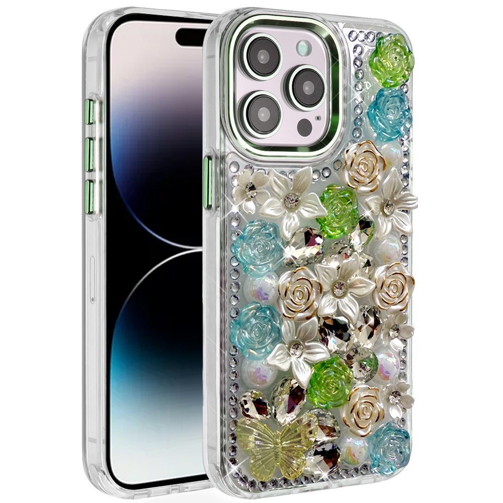 for iphone 14 pro max 6.7" muti color rose bling stones ornaments case green
