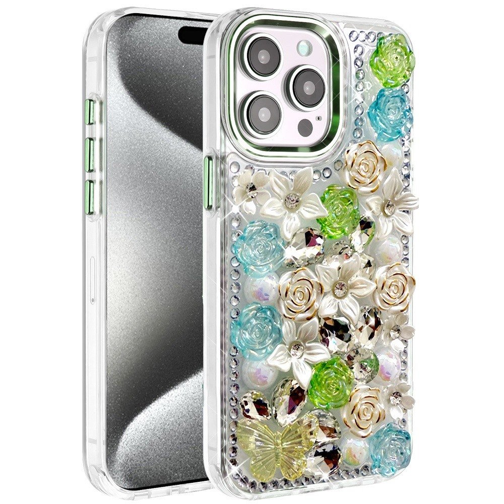 for ip15 pro max muti color rose bling stones ornaments case green
