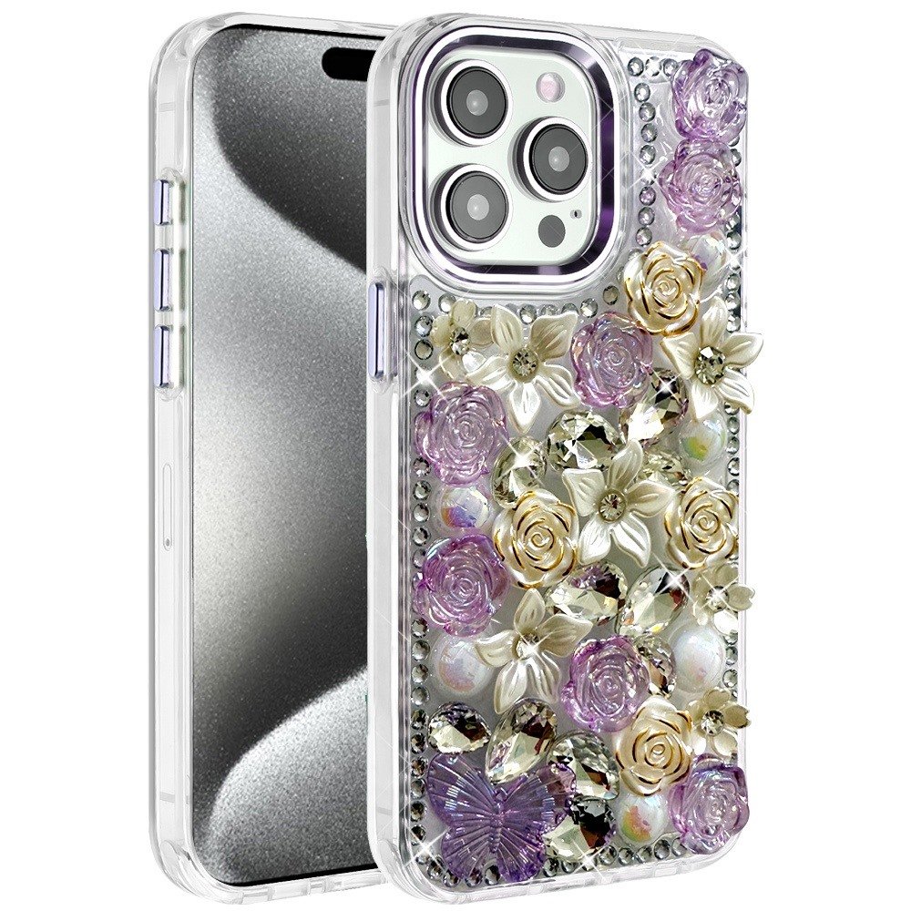 for ip15 pro max muti color rose bling stones ornaments case purple