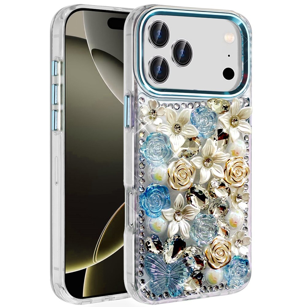 for iphone 17 pro max muti color rose bling stones ornaments case blue