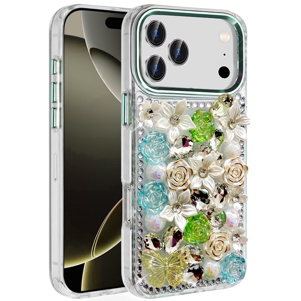 for iphone 17 pro max muti color rose bling stones ornaments case green