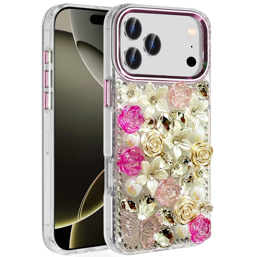 for iphone 17 pro max muti color rose bling stones ornaments case pink