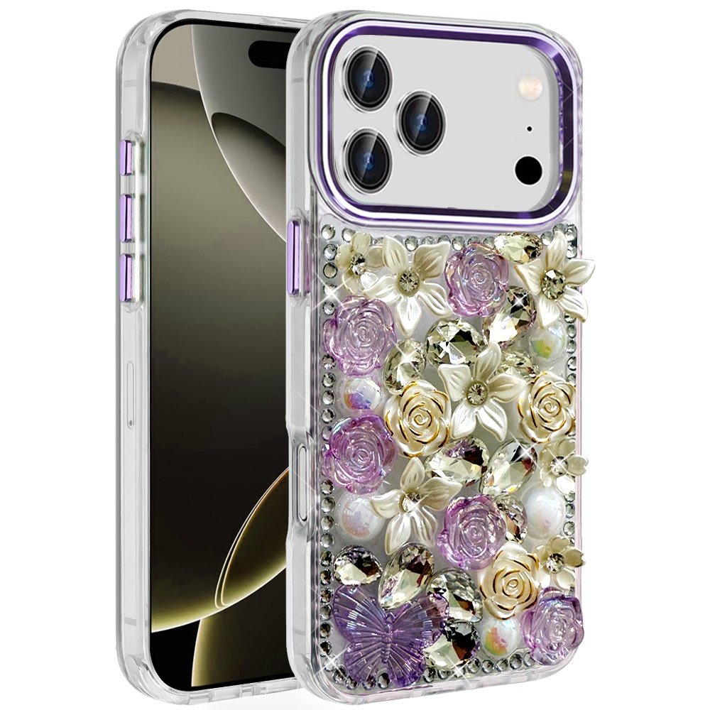 for iphone 17 pro max muti color rose bling stones ornaments case purple