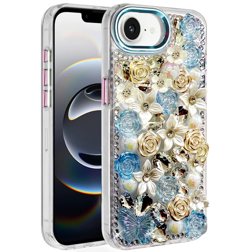 for iphone 17e / 16e / se4 muti color rose bling stones ornaments case blue