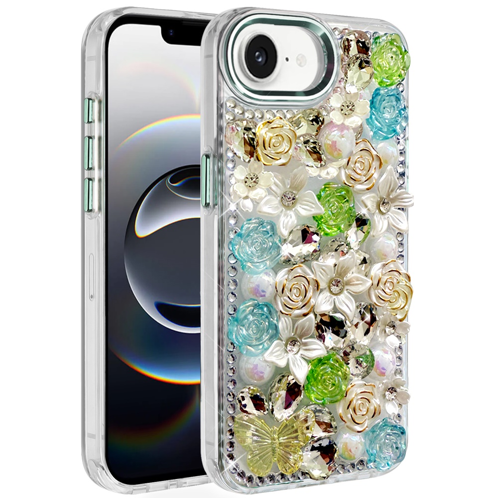 for iphone 17e / 16e / se4 muti color rose bling stones ornaments case green