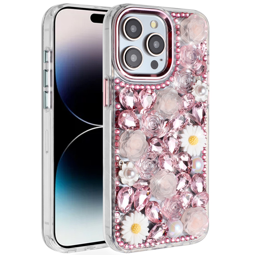 for iphone 14 pro max 6.7" spectacular full bling stones glitter hq hybrid floral series pink