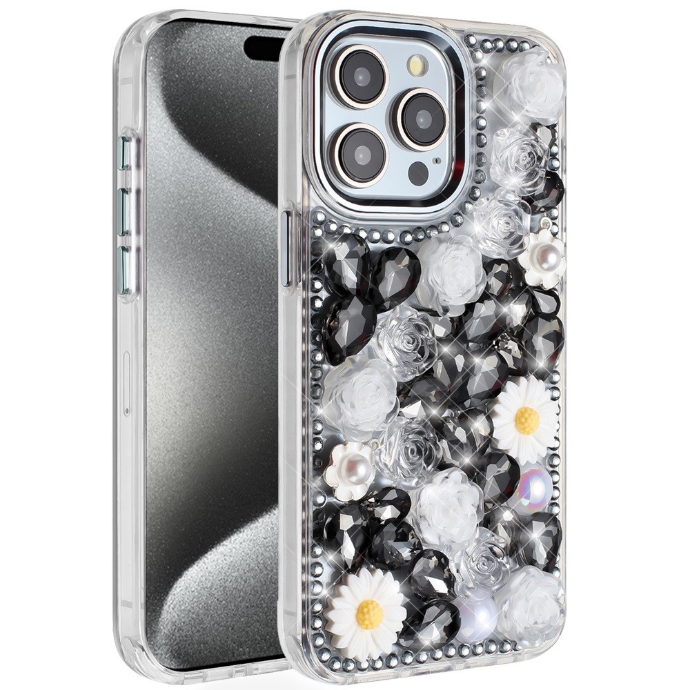for ip15 pro max spectacular full bling stones glitter hq hybrid floral series black