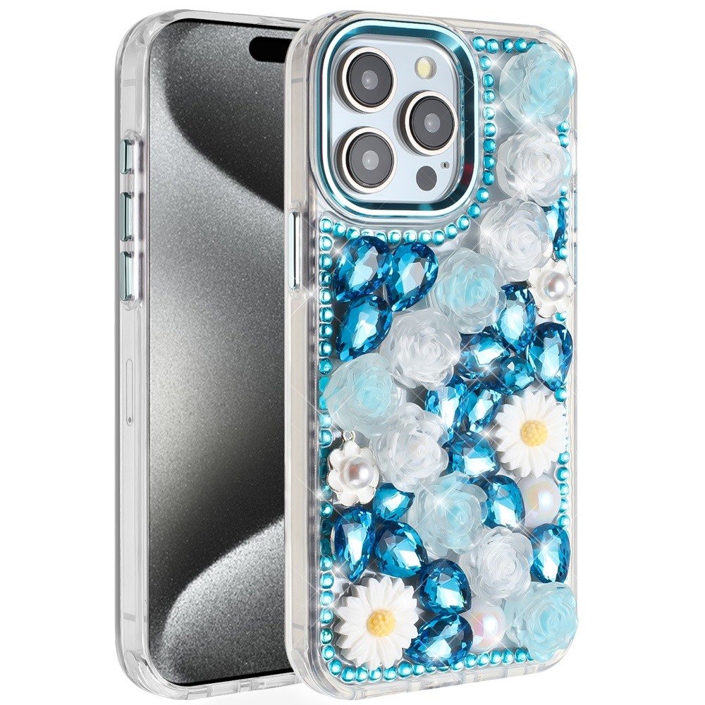 for ip15 pro max spectacular full bling stones glitter hq hybrid floral series blue