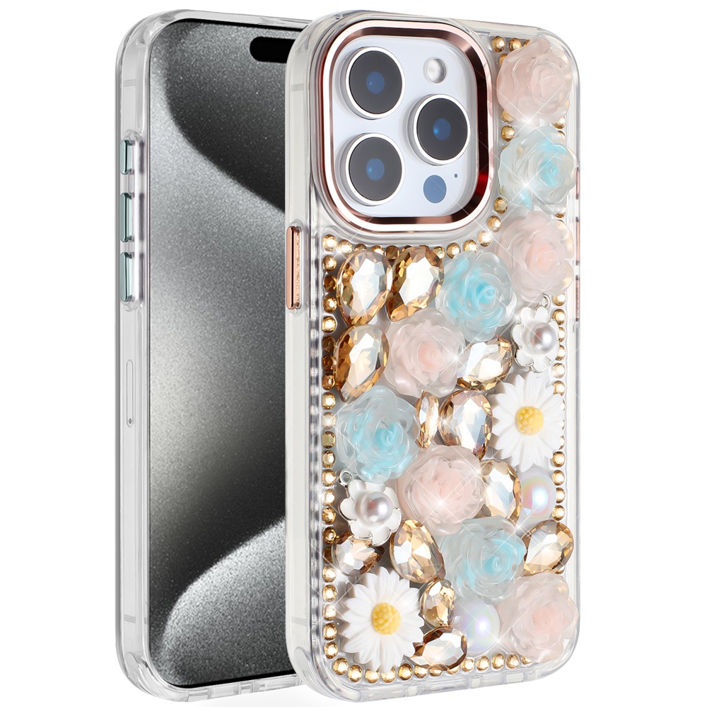 for ip15 pro max spectacular full bling stones glitter hq hybrid floral series gold