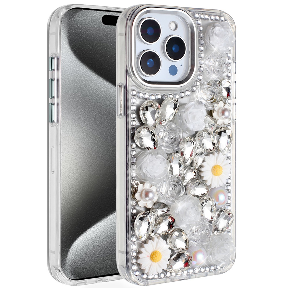 for ip15 pro max spectacular full bling stones glitter hq hybrid floral series white