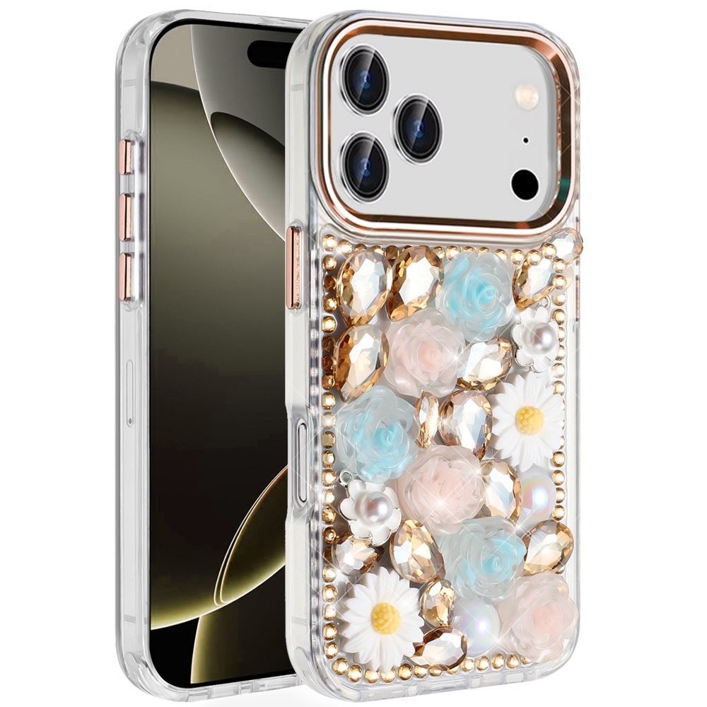 for iphone 17 pro max spectacular full bling stones glitter hq hybrid floral series gold