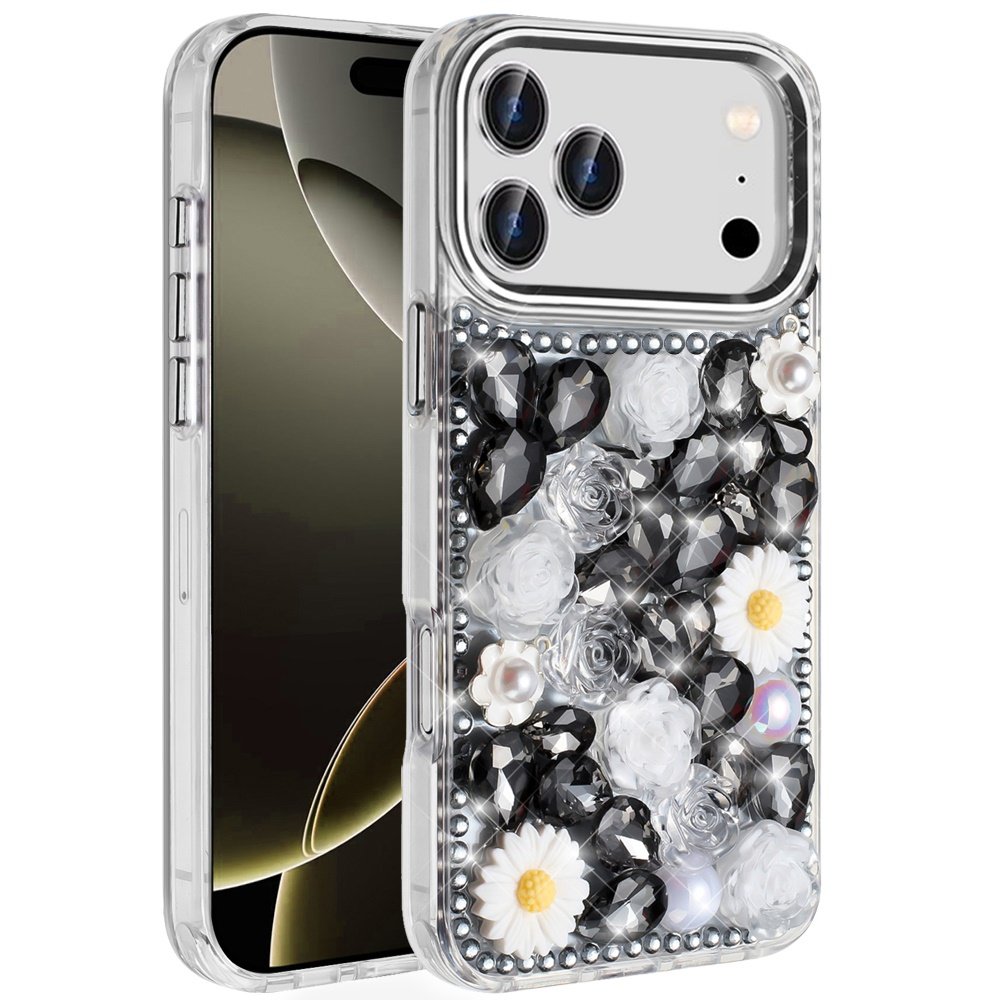 for iphone 17 pro spectacular full bling stones glitter hq hybrid floral series black