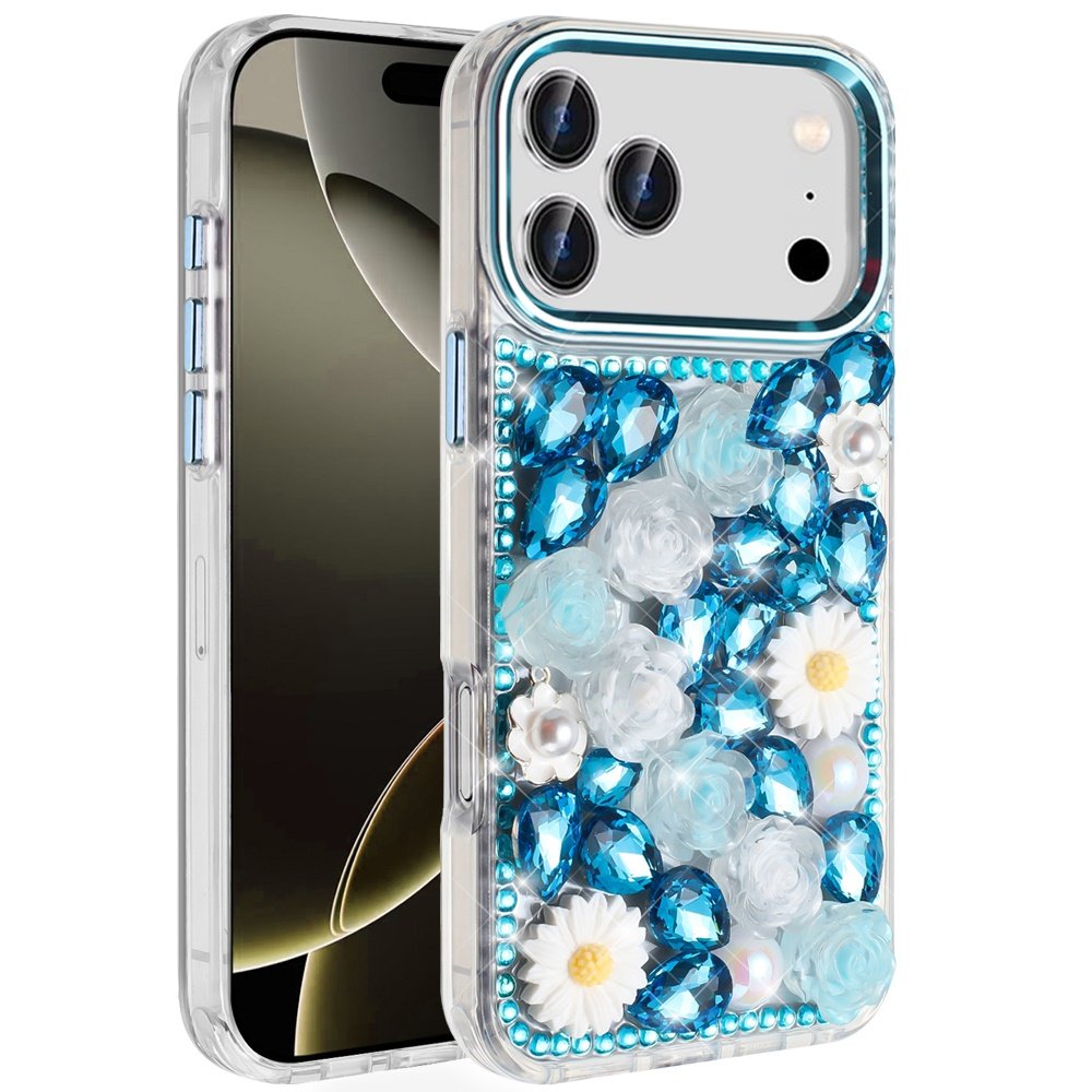 for iphone 17 pro spectacular full bling stones glitter hq hybrid floral series blue