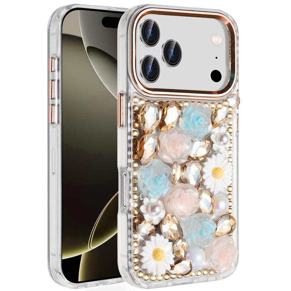 for iphone 17 pro spectacular full bling stones glitter hq hybrid floral series gold