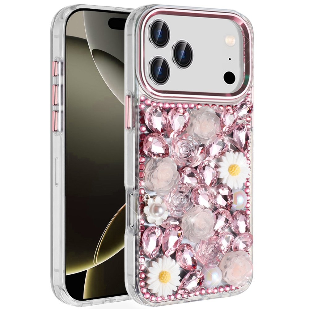 for iphone 17 pro spectacular full bling stones glitter hq hybrid floral series pink