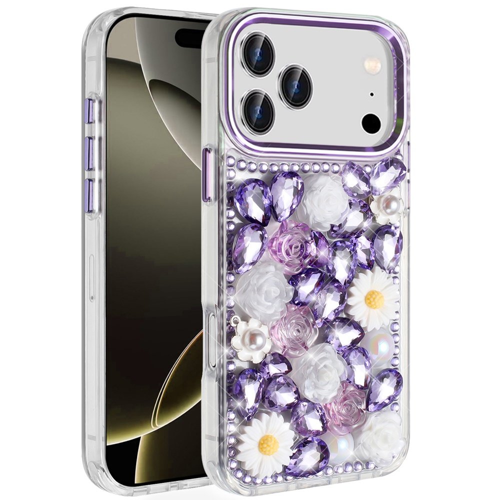 for iphone 17 pro spectacular full bling stones glitter hq hybrid floral series purple