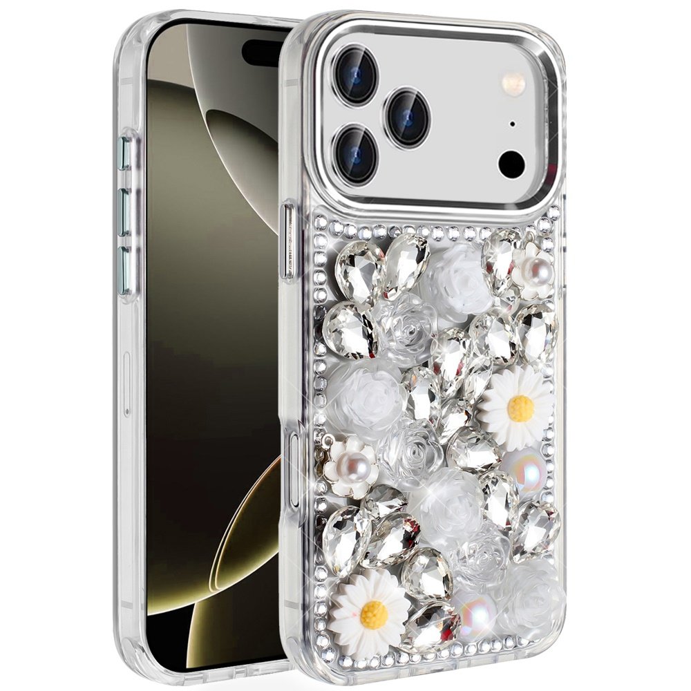 for iphone 17 pro spectacular full bling stones glitter hq hybrid floral series white
