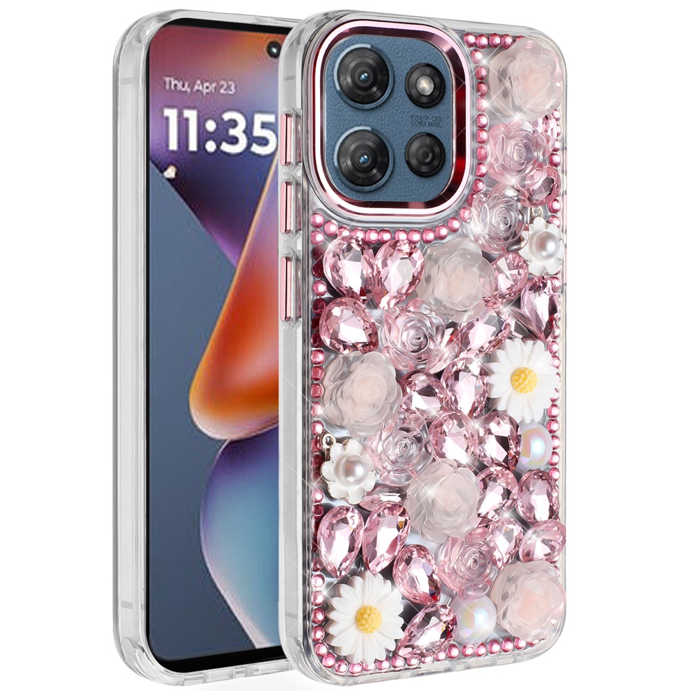 for moto g 5g 2025/2026 g play 2026 spectacular full bling stones glitter hq hybrid floral series pink
