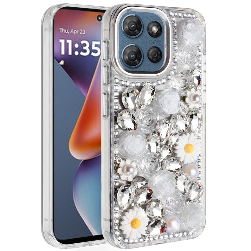 for moto g 5g 2025/2026 g play 2026 spectacular full bling stones glitter hq hybrid floral series white