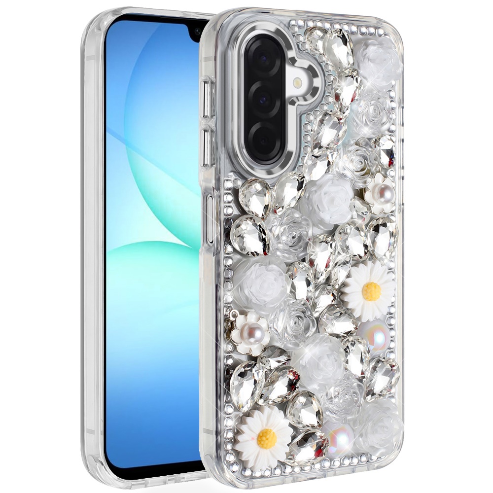 for samsung a17 5g spectacular full bling stones glitter hq hybrid floral series white