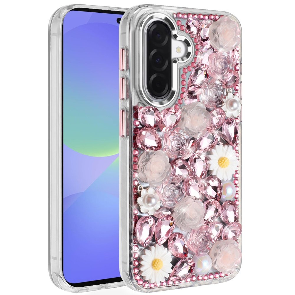 for samsung galaxy a37 spectacular full bling stones glitter hq hybrid floral series pink