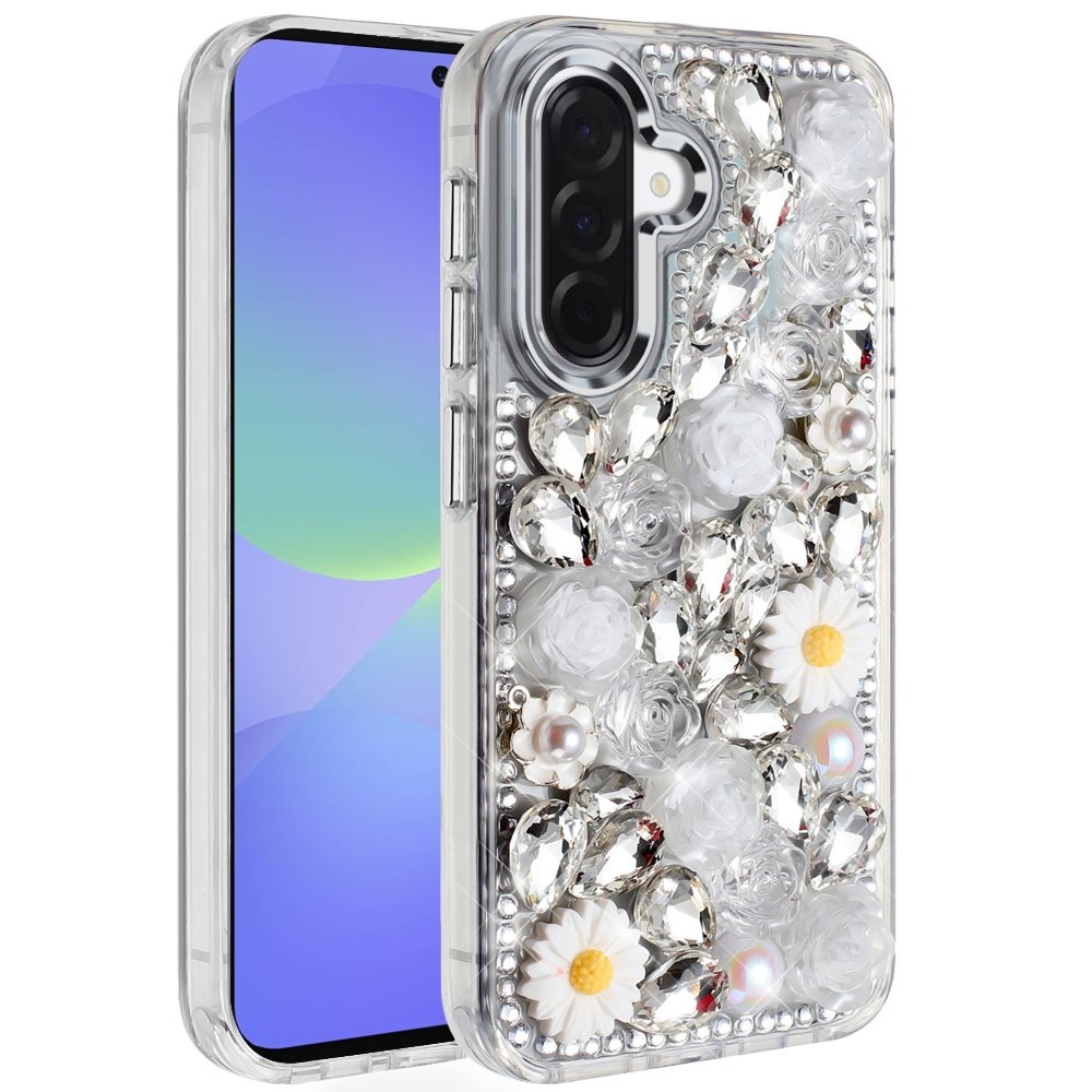 for samsung galaxy a37 spectacular full bling stones glitter hq hybrid floral series white
