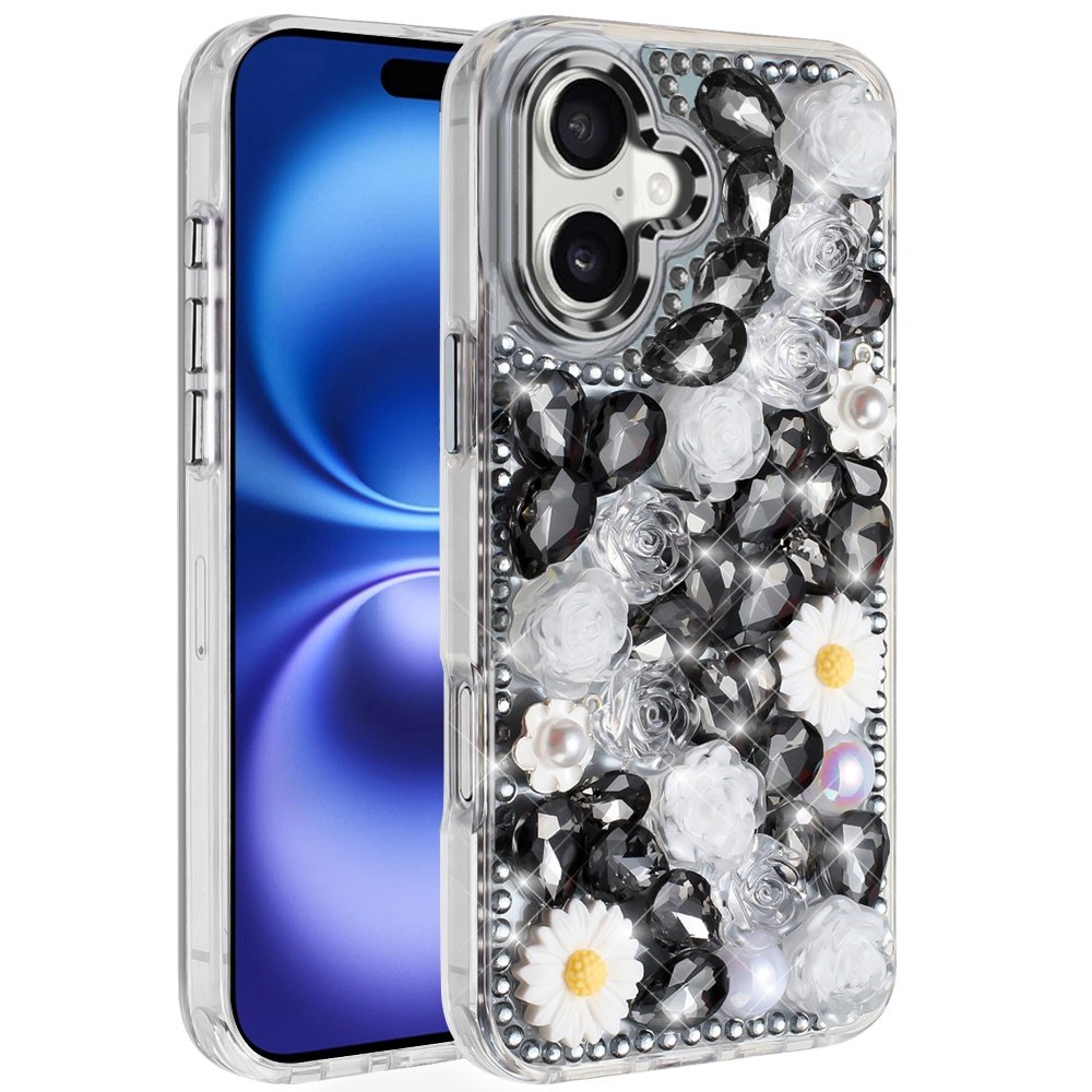 for iphone 17 spectacular full bling stones glitter hq hybrid floral series black
