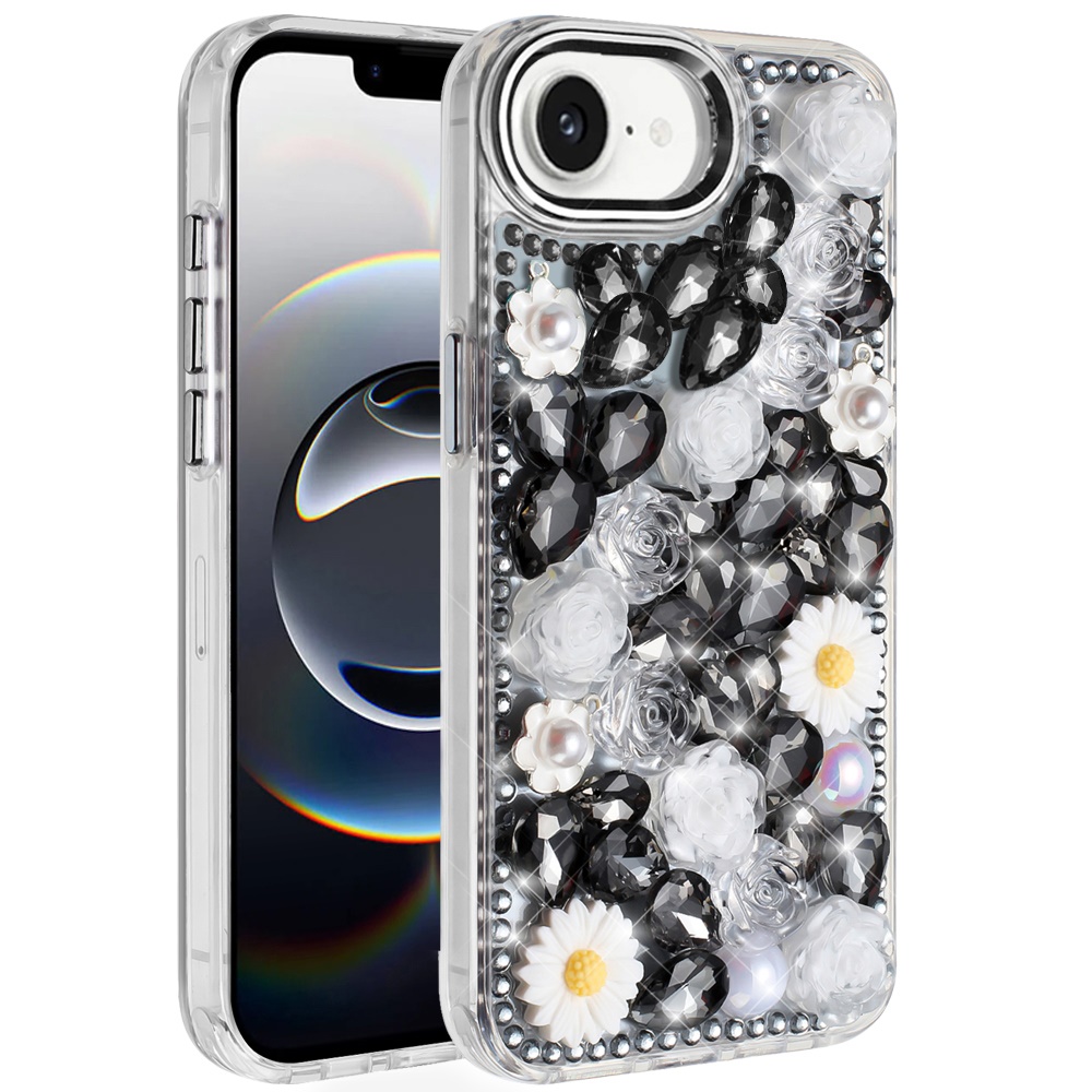 for iphone 17e / 16e / se4 spectacular full bling stones glitter hq hybrid floral series black