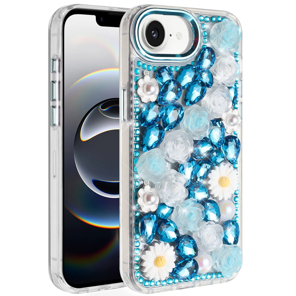 for iphone 17e / 16e / se4 spectacular full bling stones glitter hq hybrid floral series blue