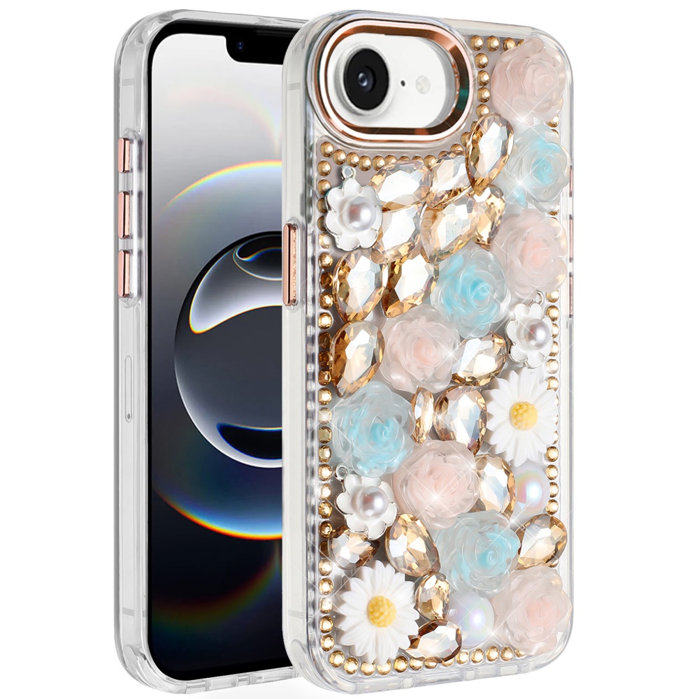 for iphone 17e / 16e / se4 spectacular full bling stones glitter hq hybrid floral series gold