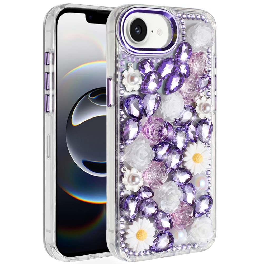 for iphone 17e / 16e / se4 spectacular full bling stones glitter hq hybrid floral series purple