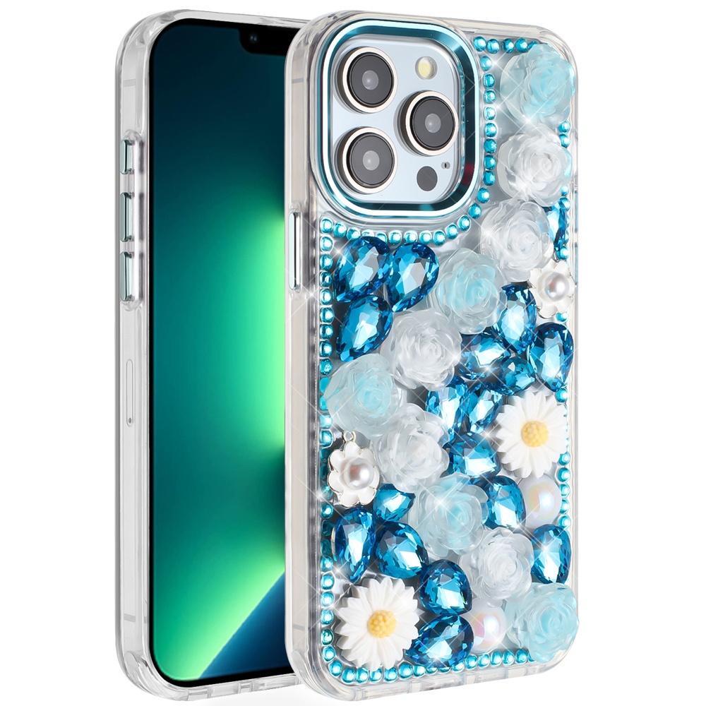 for iphone 13 pro max spectacular full bling stones glitter hq hybrid floral series blue