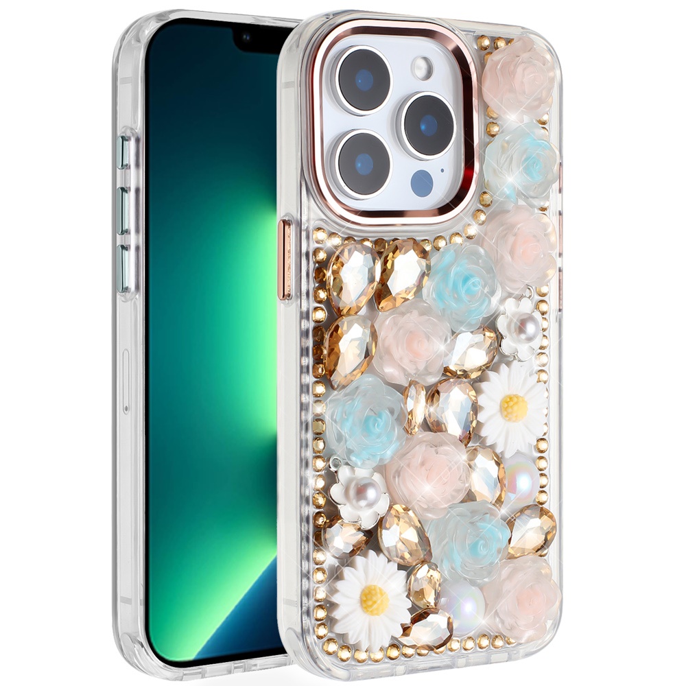 for iphone 13 pro max spectacular full bling stones glitter hq hybrid floral series gold